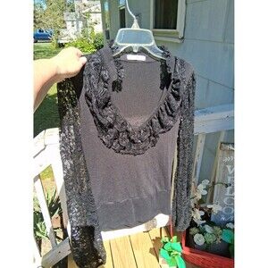 Arden B. Top Lace Long Sleeves & Ruffles Black Medium Deep V Neck